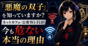 紺背景にWi-Fiマークと盾を背に、冷静な表情で立つ月城ミオ。公衆Wi-Fi・ネットカフェの危険tとWPA2/WPA3の違いを初心者向けに解説する記事のアイキャッチ画像。
