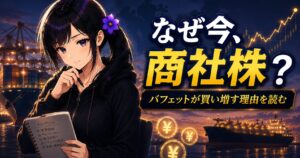 夕暮れの港とタンカーを背景に、ノートを手に冷静な表情で数字を見つめる黒パーカーの月城ミオ。バフェットが買い増す総合商社を投資家目線で分析する記事のアイキャッチ