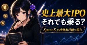 夜の窓辺で、ロケットのニュースを横目に静かに数字を見つめる月城ミオ。史上最大IPOに乗らないと決めた投資家の本音noteのアイキャッチ