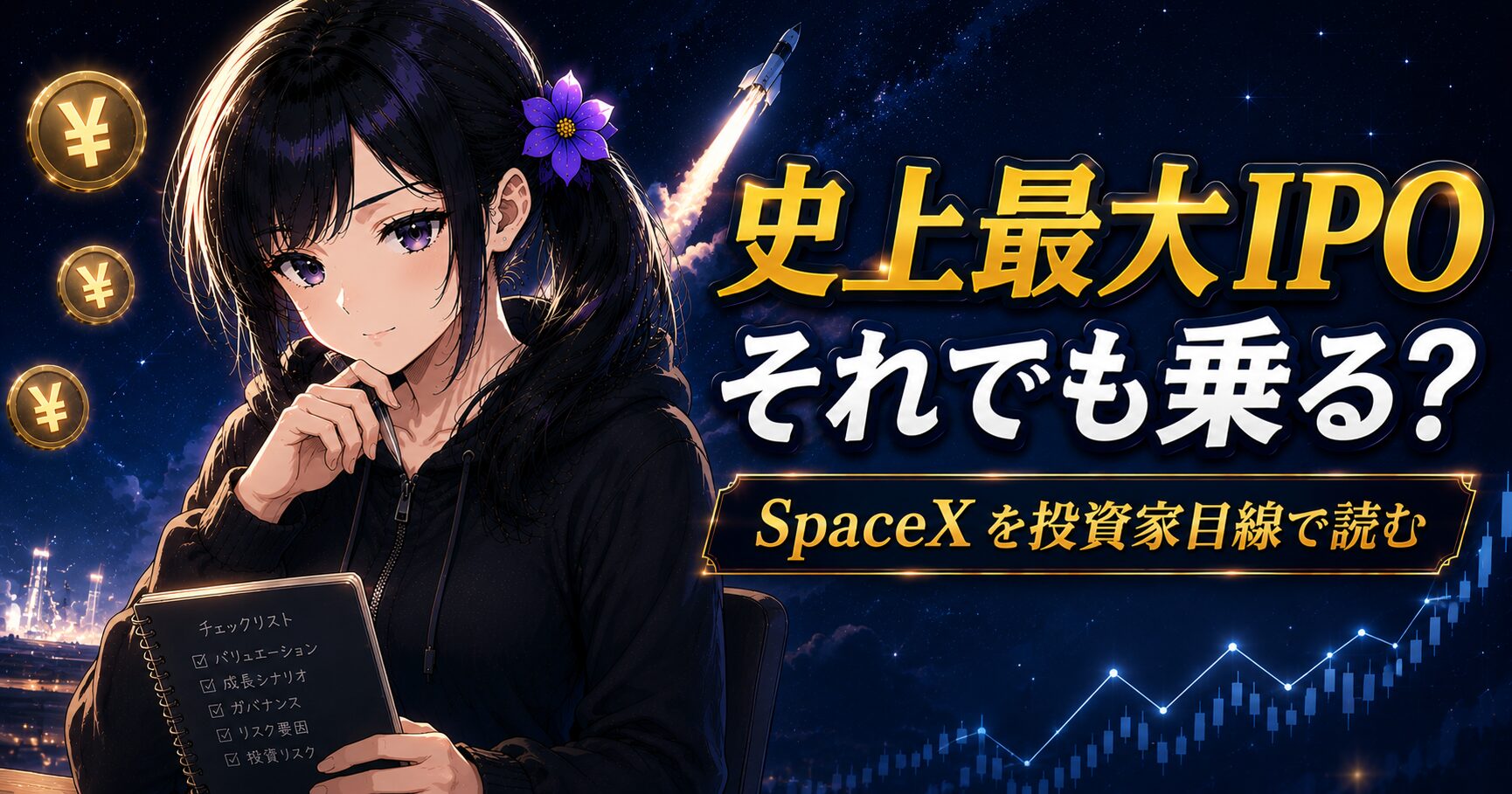 夜の窓辺で、ロケットのニュースを横目に静かに数字を見つめる月城ミオ。史上最大IPOに乗らないと決めた投資家の本音noteのアイキャッチ