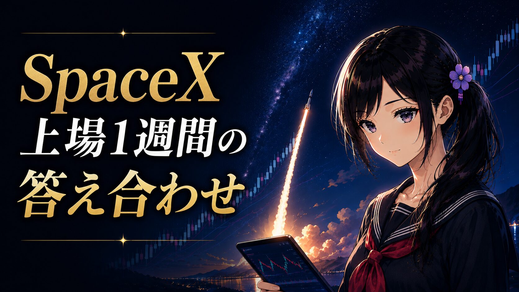 SpaceX上場1週間で株価が一時225ドルまで急騰したことを示すアイキャッチ。月城ミオがチャートを見つめ、儲けそこないと実損は違うと伝える図