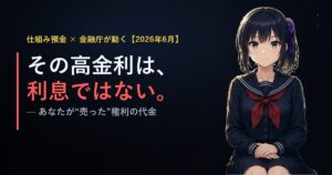 高金利の預金は利息ではなく権利の売却代金だと注意喚起する月城ミオのアイキャッチ画像（仕組み預金と金融庁規制）