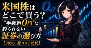 セーラー服姿の月城ミオが、ドル記号と上昇チャートを表示したタブレットを示す図。2026年の米国株・証券会社の総コスト比較記事のアイキャッチ。