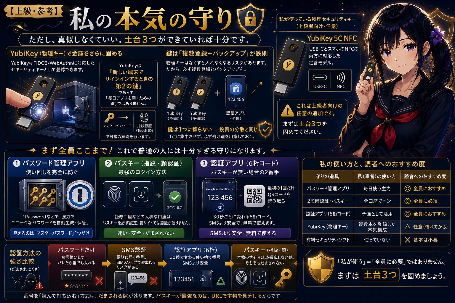 上級者向けの守りとしてYubiKey（物理キー）を紹介する図解。YubiKeyは新しい端末でサインインする時の第2の鍵であること、複数登録とバックアップが鉄則であること、ただし真似しなくてよく土台3つで十分であることを月城ミオが解説するインフォグラフィック。