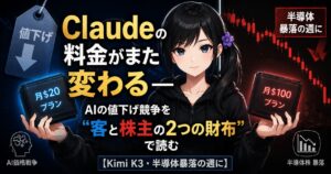 AIの値下げ競争を客と株主の2つの財布で読み解く図解。月100ドルと20ドルのプランを行き来した実体験から半導体株暴落を解説