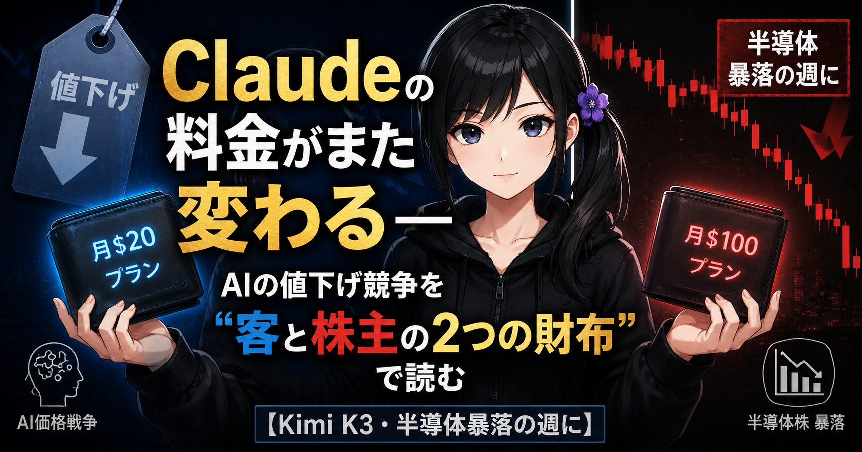 AIの値下げ競争を客と株主の2つの財布で読み解く図解。月100ドルと20ドルのプランを行き来した実体験から半導体株暴落を解説