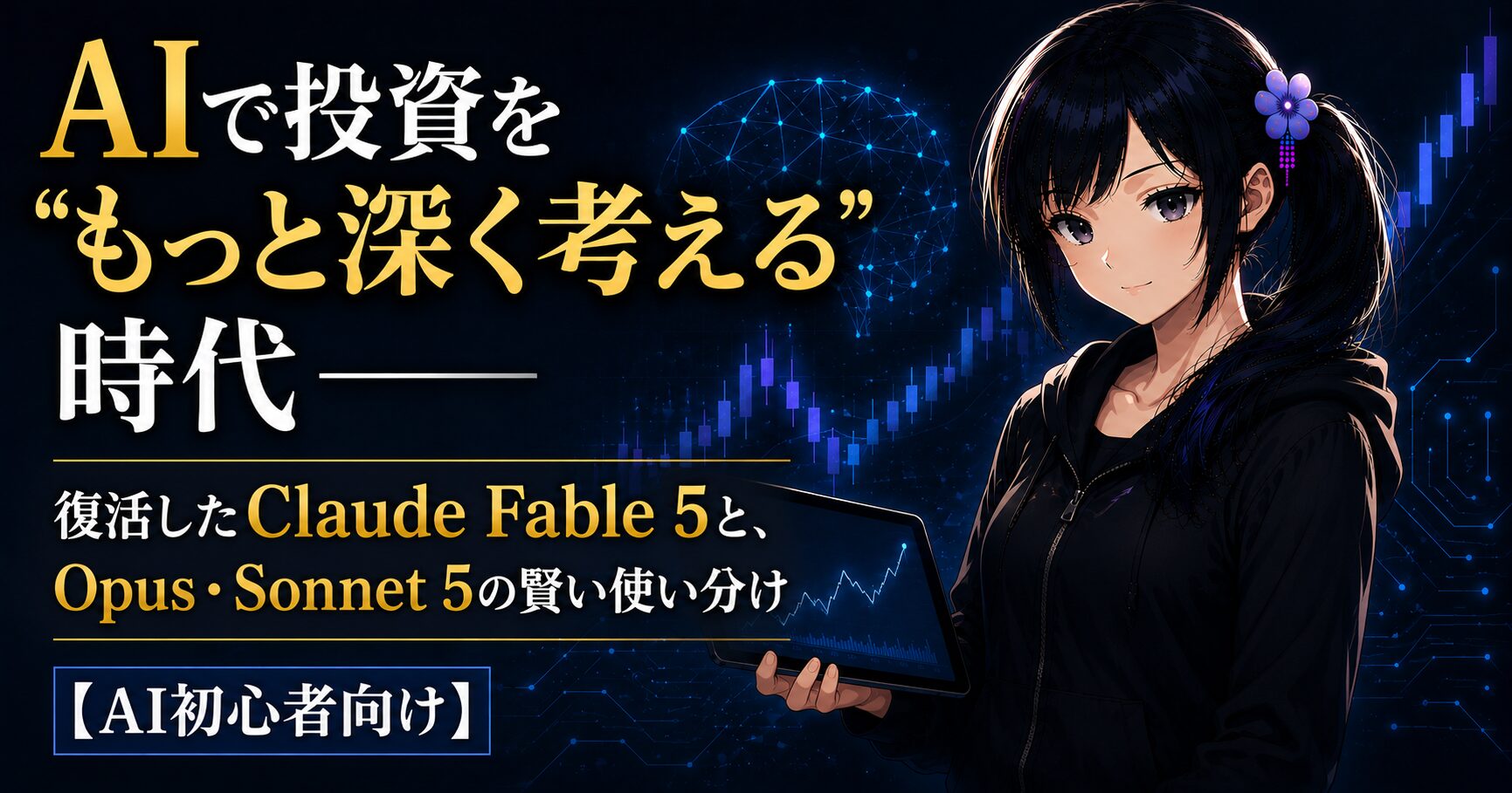 黒いパーカーを着た月城ミオが、ダークネイビーの背景で上昇チャートとAIの光を背に、落ち着いた表情でタブレットを持つイラスト。Claude Fable 5とAI投資の記事のアイキャッチ。