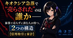 黒いセーラー服の月城ミオが暗い相場チャートを背景に腕を組んで落ち着いた表情で立つ。暴落で株を売らされる2つの構造（信用取引の追証と生活費との距離）を解説する記事のアイキャッチ。