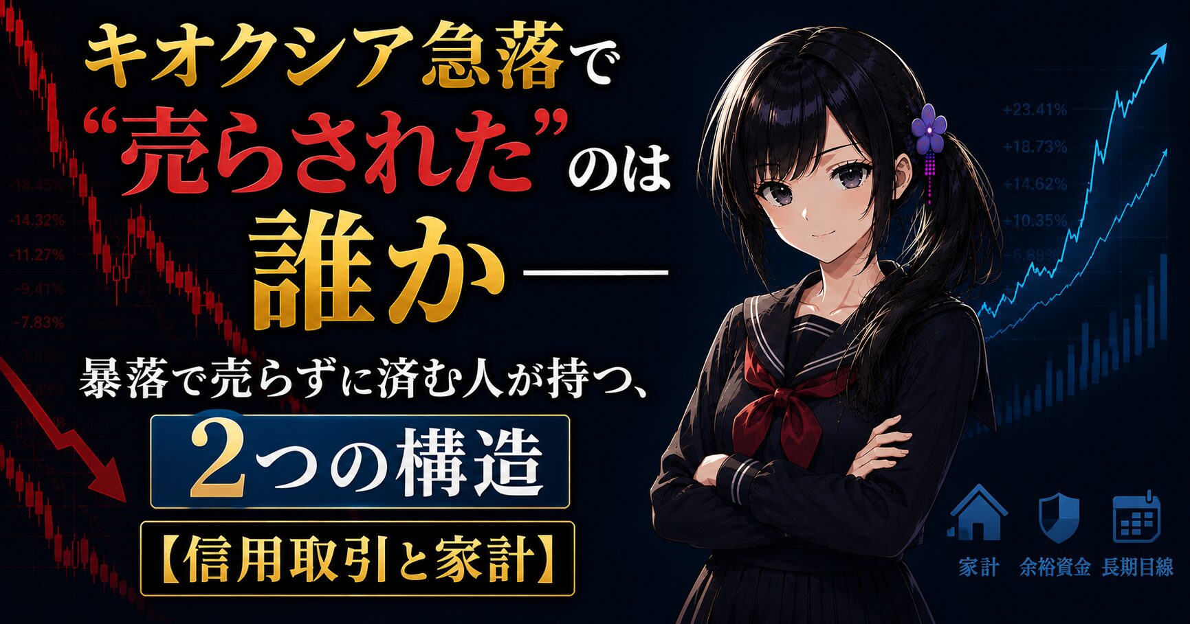 黒いセーラー服の月城ミオが暗い相場チャートを背景に腕を組んで落ち着いた表情で立つ。暴落で株を売らされる2つの構造（信用取引の追証と生活費との距離）を解説する記事のアイキャッチ。