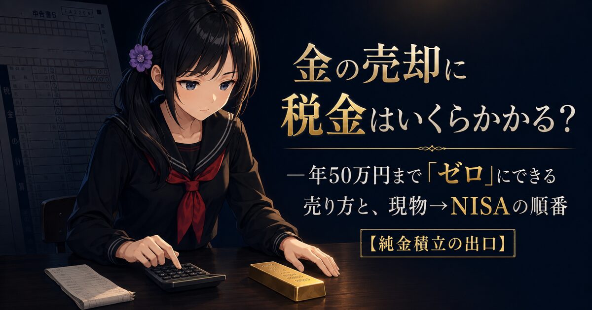 金の売却にかかる税金と、現物から新NISAへ移す売り方を解説する記事のアイキャッチ