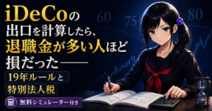 月城ミオが退職金規程と電卓を前にiDeCoの出口を計算している様子。退職金の額で損得が変わることと、19年ルールで受け取る順番が制約される仕組みを示すアイキャッチ画像