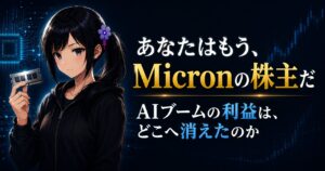 月城ミオがメモリ半導体チップを手にする、Micron特集記事のアイキャッチ画像。回路基板と上昇する株価チャートを背景に「あなたはもう、Micronの株主だ」のタイトル