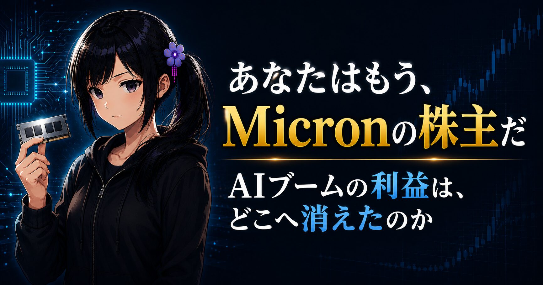月城ミオがメモリ半導体チップを手にする、Micron特集記事のアイキャッチ画像。回路基板と上昇する株価チャートを背景に「あなたはもう、Micronの株主だ」のタイトル