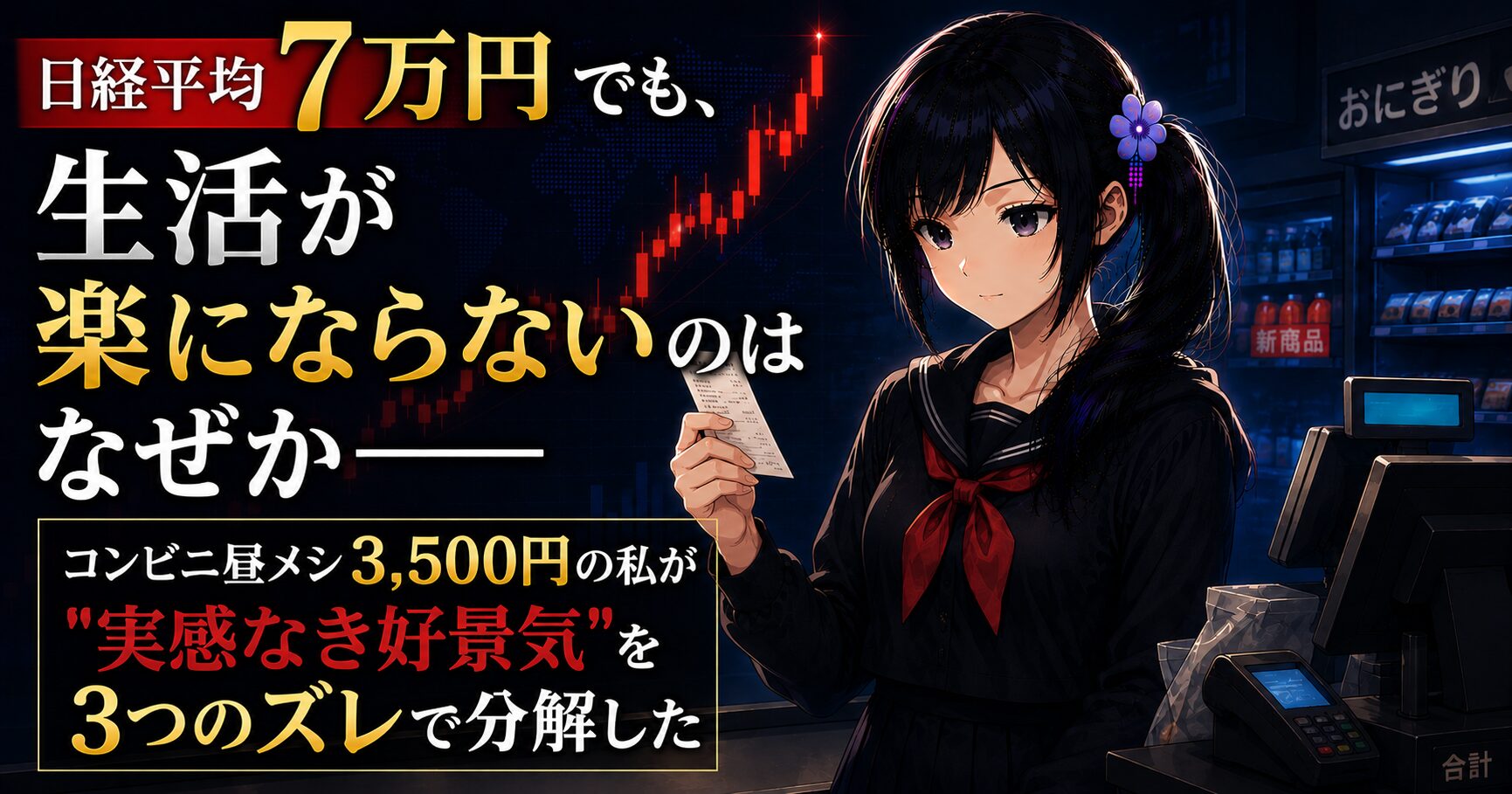株価チャートとコンビニのレジを背景に、レシートを見つめる月城ミオ。日経平均7万円でも生活が楽にならない「実感なき好景気」を考える記事のアイキャッチ