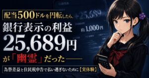配当500ドルの円転画面で表示された実現損益25,689円と、実際の為替差益約1,000円という2つの数字を見比べ、電卓を手に考え込む月城ミオ。為替差益と住民税申告の落とし穴を表すイメージ。