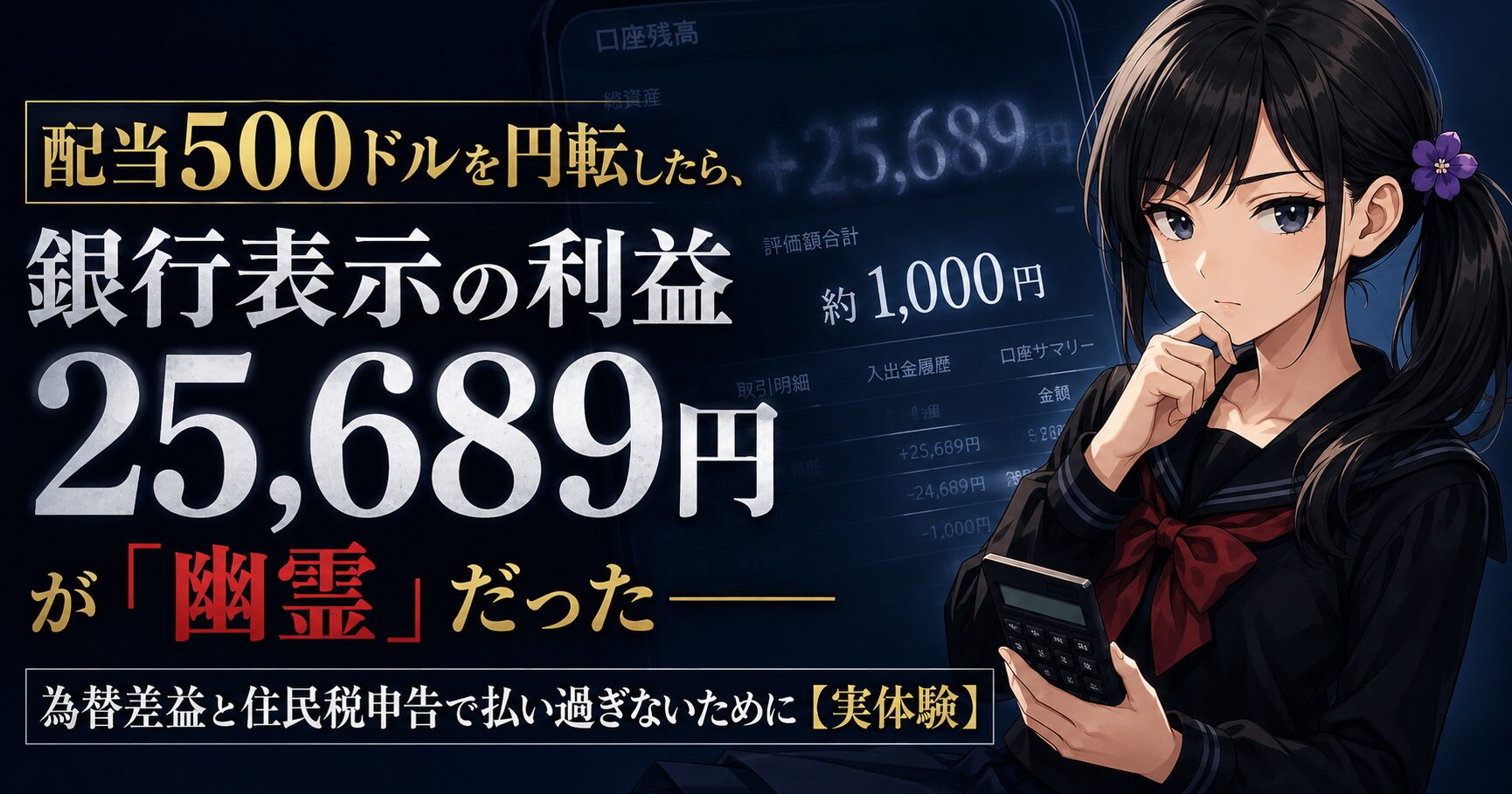 配当500ドルの円転画面で表示された実現損益25,689円と、実際の為替差益約1,000円という2つの数字を見比べ、電卓を手に考え込む月城ミオ。為替差益と住民税申告の落とし穴を表すイメージ。