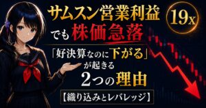 営業利益19倍の最高益なのに株価が急落した理由を、下降する赤い株価チャートを前に冷静に解説する月城ミオ