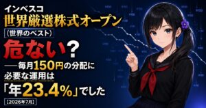 インベスコ世界厳選株式オープン（世界のベスト）の分配金構造を解説する記事のアイキャッチ。月城ミオが、毎月150円の分配で下降していく基準価額のグラフを指し示している
