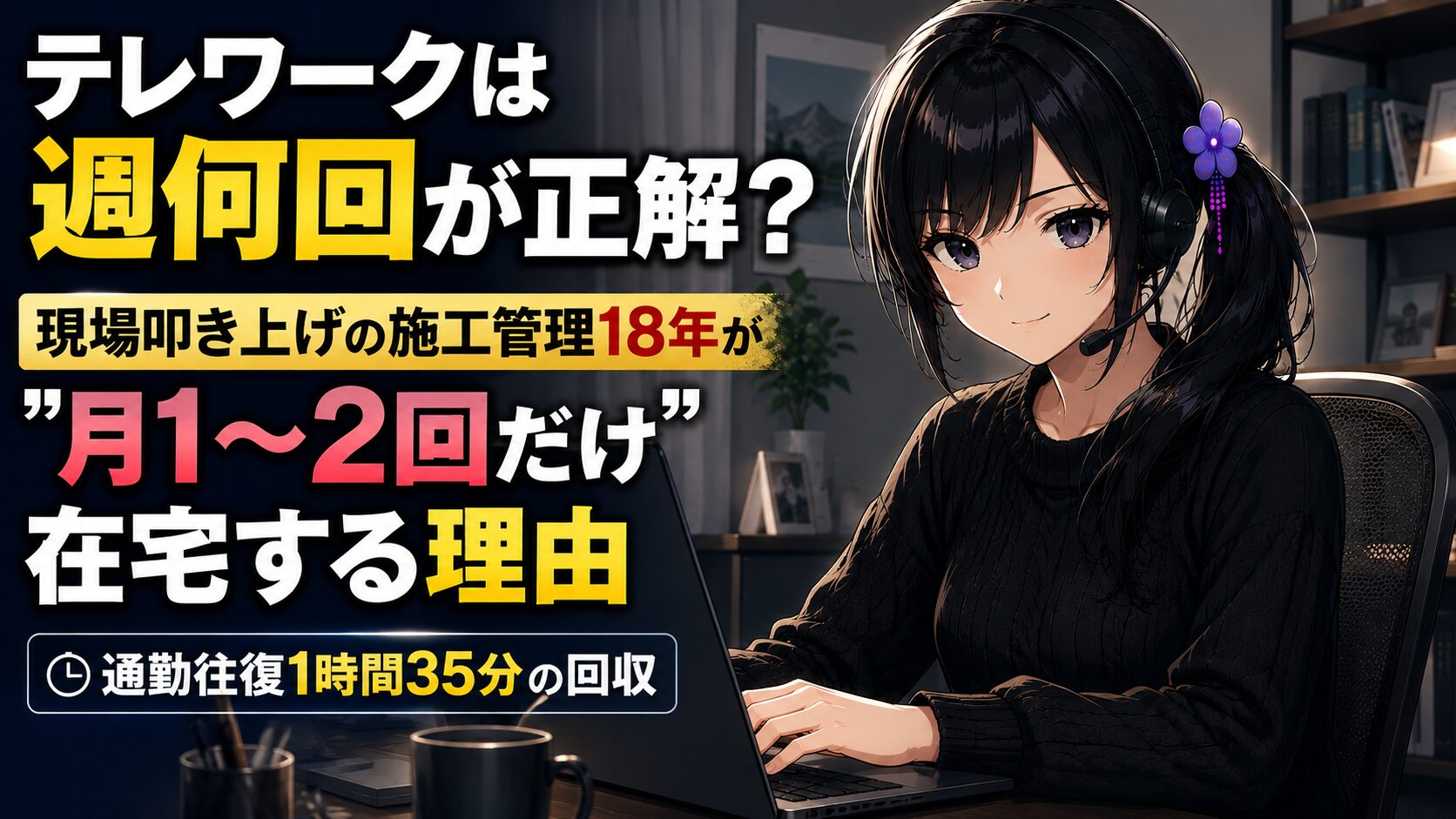 自宅のデスクでノートパソコンとヘッドセットを前に静かに集中して在宅ワークをする、黒髪ポニーテールに紫の花飾りの女性。テレワークで通勤という固定費を見直す記事のアイキャッチ。