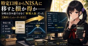 特定口座からNISAに移すと損か得か。電卓とシミュレーター画面を持つ月城ミオ。分岐は含み益ではなく新規入金