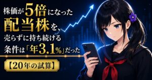 黒いセーラー服の月城ミオが、右肩上がりの株価チャートを背に、スマートフォンの画面を見つめている。株価が5倍になった配当株を売るべきか持ち続けるべきか、20年の試算で解いた記事のアイキャッチ画像。