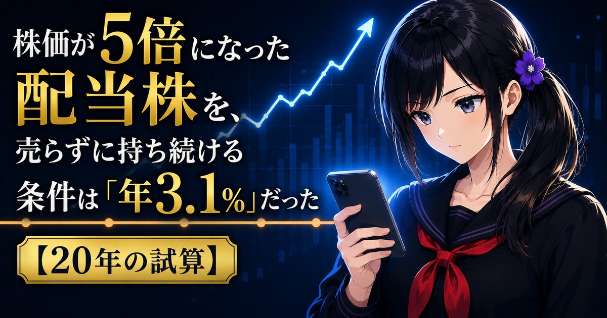 黒いセーラー服の月城ミオが、右肩上がりの株価チャートを背に、スマートフォンの画面を見つめている。株価が5倍になった配当株を売るべきか持ち続けるべきか、20年の試算で解いた記事のアイキャッチ画像。