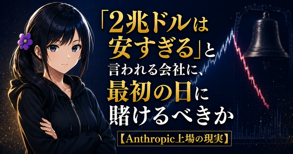 黒パーカー姿の月城ミオが、急上昇のあと崩れる株価チャートと上場のベルを背に静かに正面を見ている。Anthropic上場の現実を解説する記事のアイキャッチ