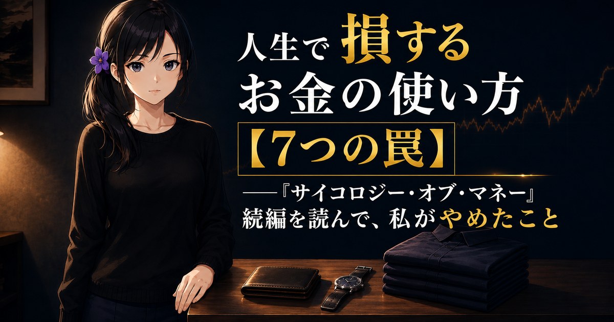 黒いセーターを着た月城ミオが、財布と腕時計と同じ形にたたまれたシャツが並ぶ机の横に静かに立っている。人生で損するお金の使い方7つの罠を解説する記事のアイキャッチ画像