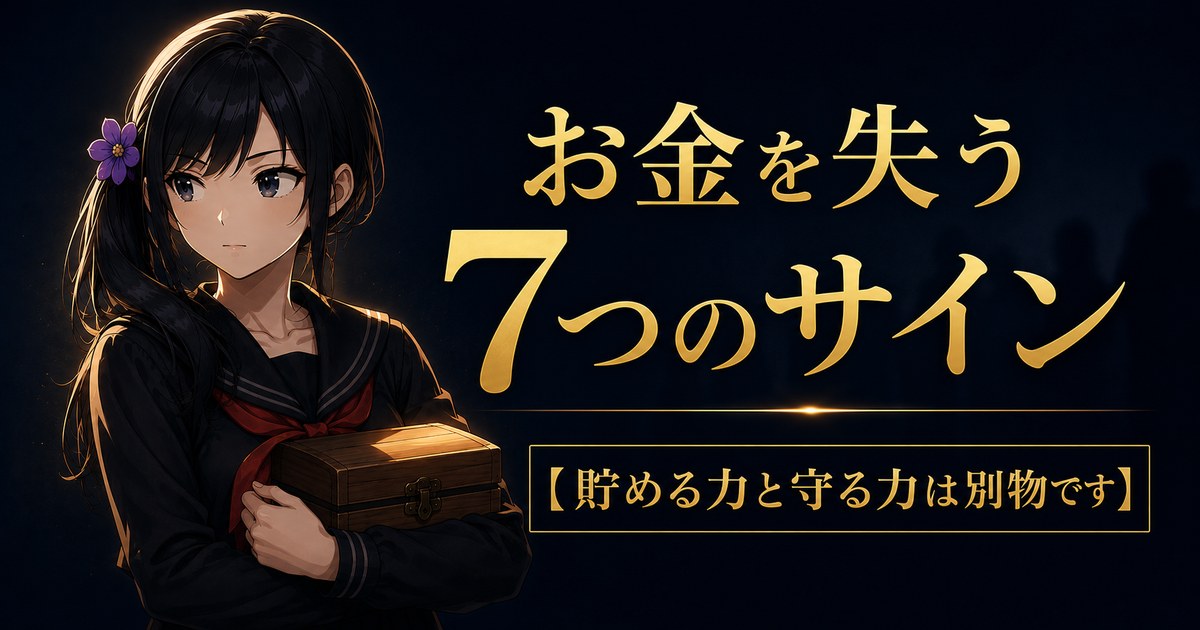 宝箱を胸に抱え、背後の暗がりを静かに警戒する月城ミオ。貯めたお金は貯まった瞬間から狙われる側に回ることを示すアイキャッチ