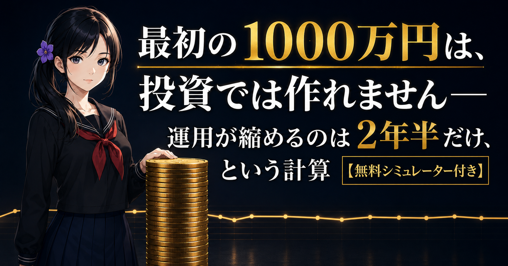 ほぼ横ばいの折れ線グラフの手前に積み上がった金貨の山と、その左に立つ月城ミオ。最初の1000万円は投資ではなく家計の黒字で作るという記事内容を表しています。