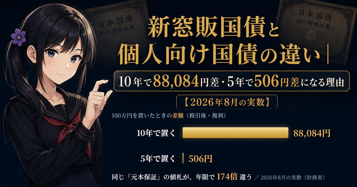 100万円を置いたときの差額を比べる棒グラフの前に立つ月城ミオ。10年で置くと88,084円、5年で置くと506円で、新窓販国債と個人向け国債の差が年限により174倍変わることを示すアイキャッチ