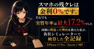 黒いセーラー服の月城ミオが、まったく同じ2台のスマートフォンに付いた大小の値札を見比べている。スマホの残価設定プログラム（残クレ）の実質年率を検証する記事のアイキャッチ画像