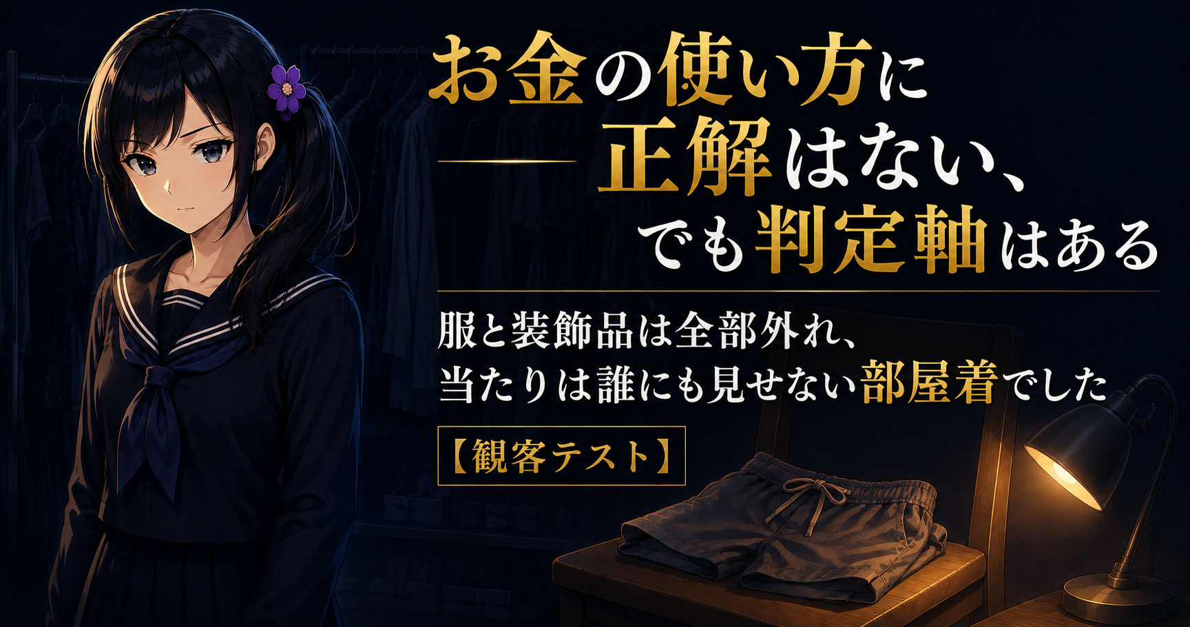 セーラー服姿の月城ミオが、暗がりに沈んだ派手な服のハンガーラックと、デスクライトに照らされた履き古しの部屋着の短パンを背に、静かに正面を見ている。お金の使い方の判定軸を解説する記事のアイキャッチ