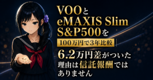 VOOとeMAXIS Slim米国株式（S&P500）の3年比較を検証する月城ミオ。僅差で分かれる2本の上昇チャートを背景に、手のひらの上で動かない1枚のコインを見つめている