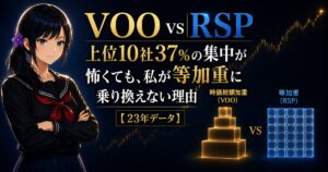 VOO vs RSPの比較を解説する月城ミオ。S&P500の上位10社が37%を占める時価総額加重のピラミッドと、等加重の均等グリッドを対比したブログ記事のアイキャッチ