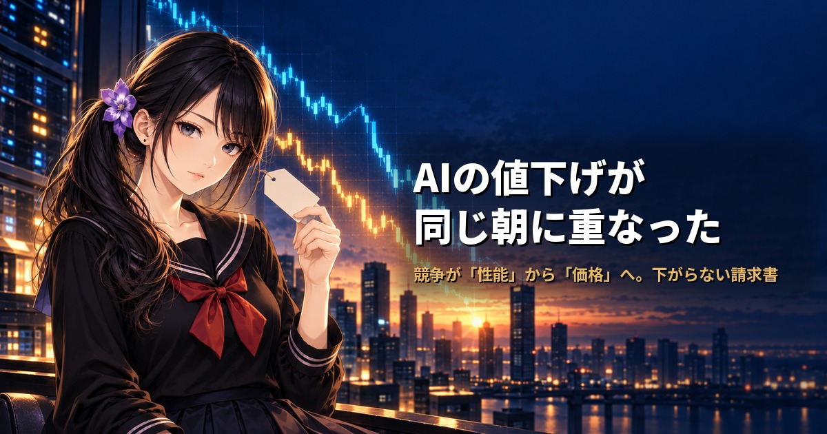 セーラー服姿の月城ミオが値札のカードを持ち、夜明けの街に2本の下がる線が光っている