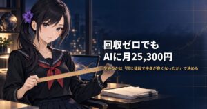 セーラー服姿の月城ミオが長い木の定規を両手で持ち、ノートパソコンと請求書の束が置かれた机の前に立っている