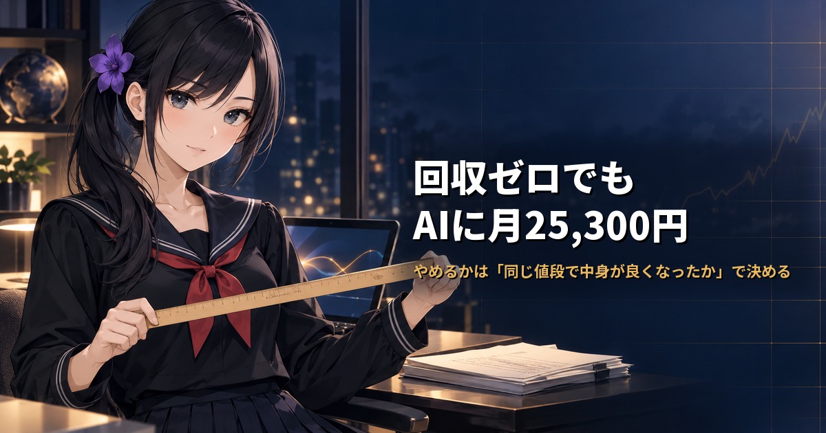 セーラー服姿の月城ミオが長い木の定規を両手で持ち、ノートパソコンと請求書の束が置かれた机の前に立っている