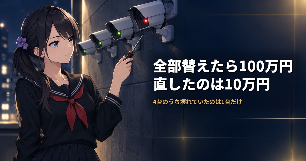 セーラー服姿の月城ミオが小さなドライバーを持ち、壁に並んだ4台の防犯カメラを見ている。3台は緑のランプ、1台だけ赤いランプが点いている