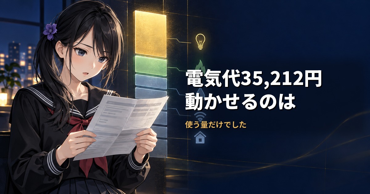 セーラー服姿の月城ミオが一枚の請求書を両手に持ち、合計だけでなく下まで静かに読んでいる。背後には請求額を部品ごとに分けた光る棒が縦に積み上がり、そのうち1つだけが下向きに光っている