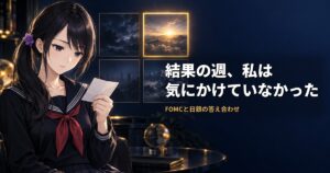 セーラー服姿の月城ミオが手元の小さなメモを静かに見下ろし、背後には4つの光るマスが並び、そのうち1つだけが金色の枠で示されている。結果が出る前に書いておいた4つの答えのうち、実際に出たマスを確かめている場面