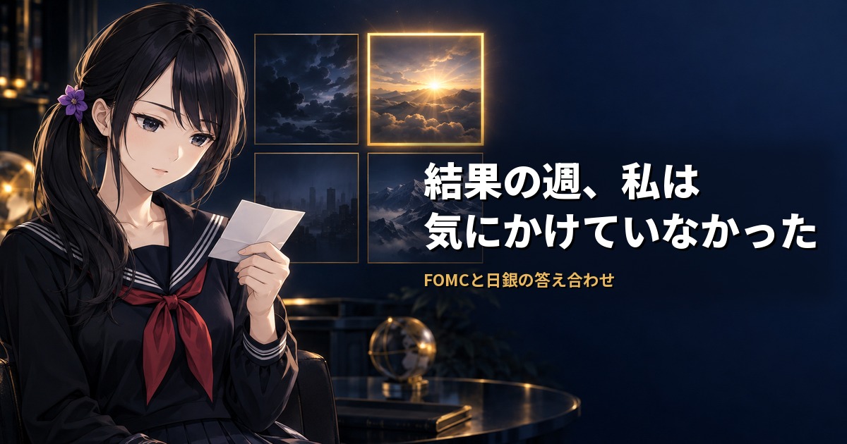 セーラー服姿の月城ミオが手元の小さなメモを静かに見下ろし、背後には4つの光るマスが並び、そのうち1つだけが金色の枠で示されている。結果が出る前に書いておいた4つの答えのうち、実際に出たマスを確かめている場面