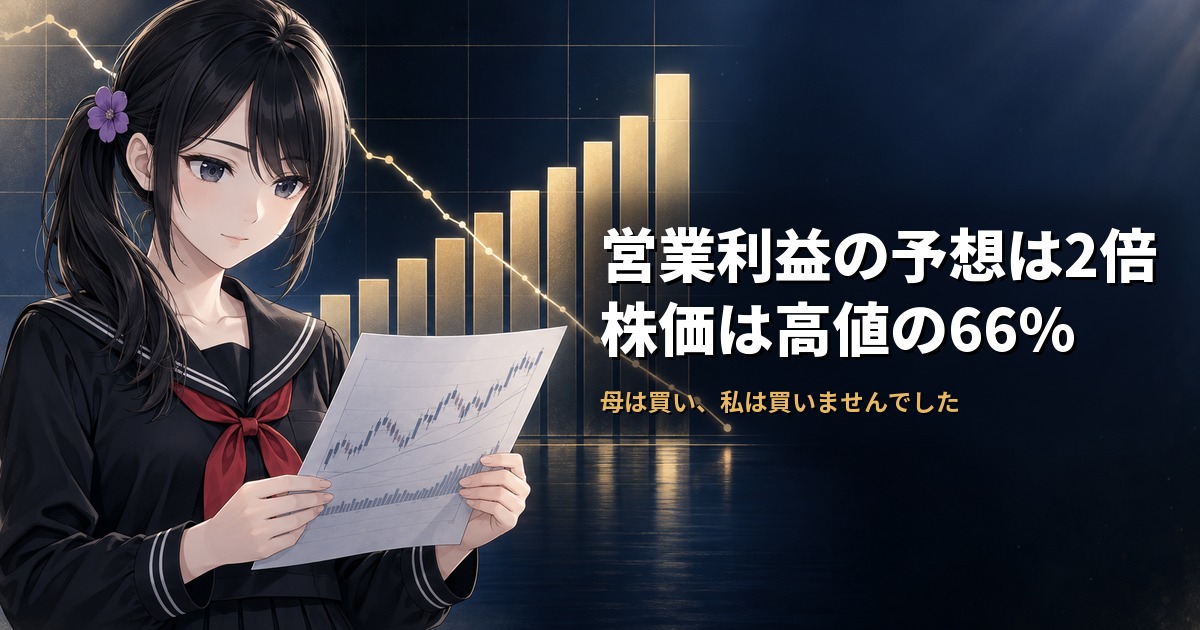 セーラー服姿の月城ミオが株価チャートを手に静かに見ている。背後では業績予想を表す棒グラフが右へ向かって階段状に上がっていく一方、株価を表す細い線が反対に下がっており、予想が2.05倍になっても株価は0.82倍になったフジクラの状況を示している