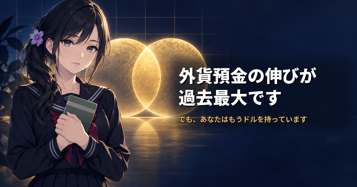 セーラー服姿の月城ミオが通帳を閉じたまま胸元で抱えている。背後には同じ色の光が2つ重なって浮かび、同じものを二度持っていることを示している