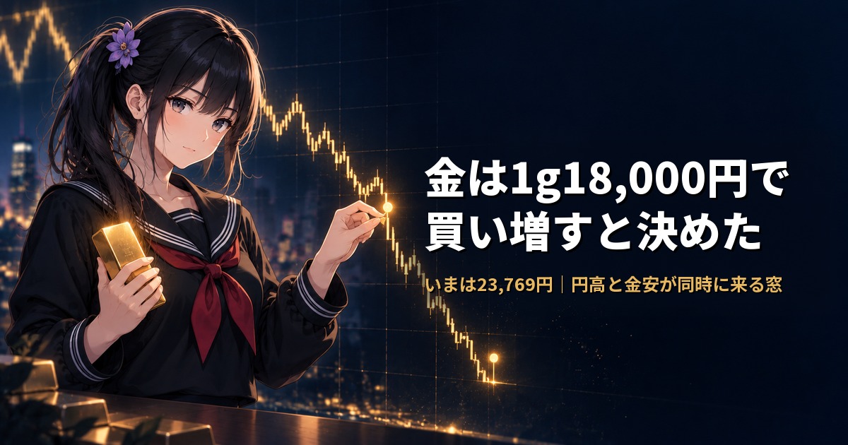サイドポニーテールに紫の花飾りをつけたセーラー服姿の月城ミオが、小さな金の延べ棒を手に、下の方に浮かぶ価格の線に光るピンを置いている