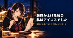 セーラー服姿の月城ミオが長いレシートと鉛筆を持ち、机には電卓と封筒が置かれている