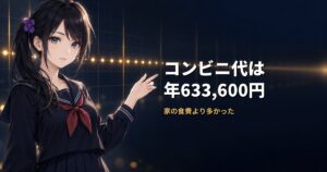 セーラー服姿の月城ミオが、背後を左から右へ走る長い一本の線と、その上に等間隔で並ぶ無数の小さな光の点を指し示している。点は右へ行くほど密になって溶け合っており、1回ごとは小さい支出が回数で積み上がっていく様子を示している