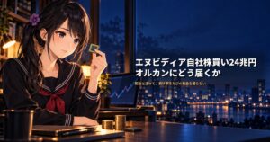 セーラー服姿の月城ミオが小さなチップを指でつまんで見つめ、机にはノートパソコンと硬貨が置かれている