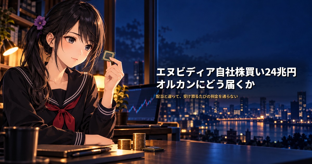 セーラー服姿の月城ミオが小さなチップを指でつまんで見つめ、机にはノートパソコンと硬貨が置かれている