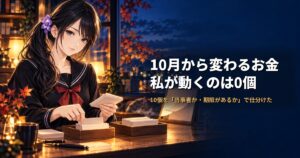 セーラー服姿の月城ミオが、机の上で小さなカードを2つのトレイに仕分けている。背後には9月から10月へめくれるカレンダー